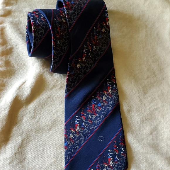 💯GUCCI  Men's 100% Silk Tie. Navy Blue. Horsemen. - Picture 1 of 6
